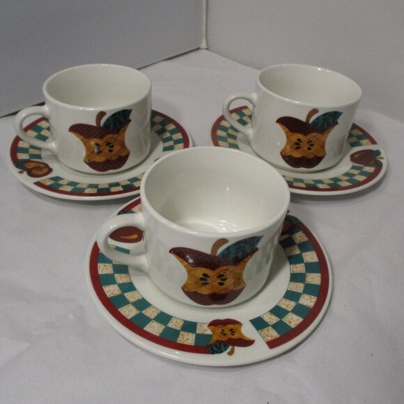 Vintage Tabletops Unlimited Red Apple Coffee Cups Mugs & Saucers set of 3 - Picture 3 of 5